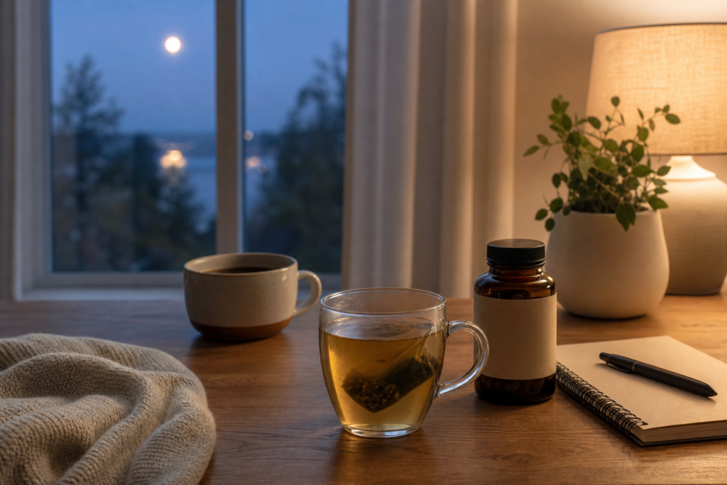 Evening table with herbal tea, a coffee cup, and an unbranded supplement bottle illustrating the best caffeine cutoff for better sleep quality