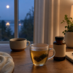 Evening table with herbal tea, a coffee cup, and an unbranded supplement bottle illustrating the best caffeine cutoff for better sleep quality