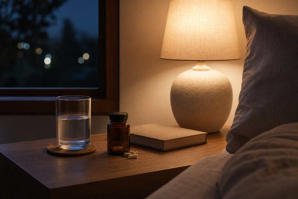 Photorealistic bedside scene with a glass of water, unbranded supplement bottle, and warm lamp light illustrating 5-HTP for sleep quality