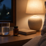 Photorealistic bedside scene with a glass of water, unbranded supplement bottle, and warm lamp light illustrating 5-HTP for sleep quality