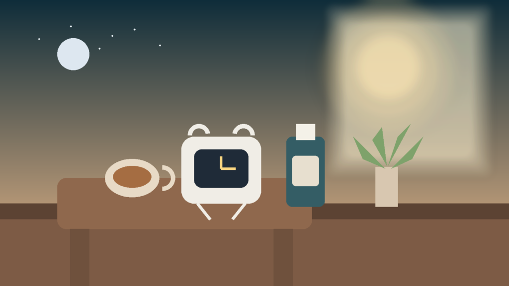 Calm bedside scene with a sunrise clock, tea, and soft window light illustrating sleep consistency and circadian rhythm support