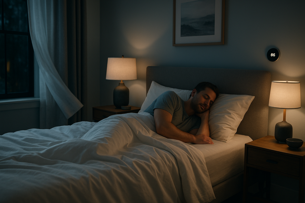 Photorealistic calm bedroom at night with breathable bedding, a softly lit bedside thermostat set to 66 degrees, and a relaxed adult settling into bed for an article about the best room temperature for sleep quality