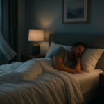 Photorealistic calm bedroom at night with breathable bedding, a softly lit bedside thermostat set to 66 degrees, and a relaxed adult settling into bed for an article about the best room temperature for sleep quality