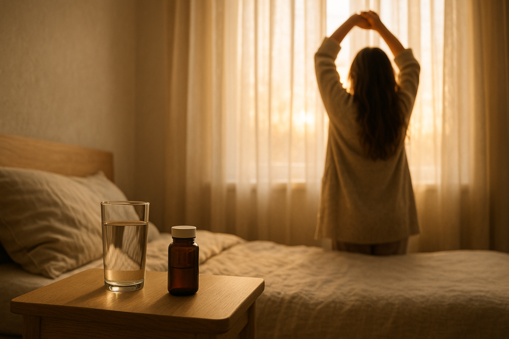 Photorealistic early morning bedroom scene with soft sunrise through curtains, a glass of water, and an unbranded supplement bottle illustrating morning light for better sleep quality