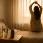 Photorealistic early morning bedroom scene with soft sunrise through curtains, a glass of water, and an unbranded supplement bottle illustrating morning light for better sleep quality