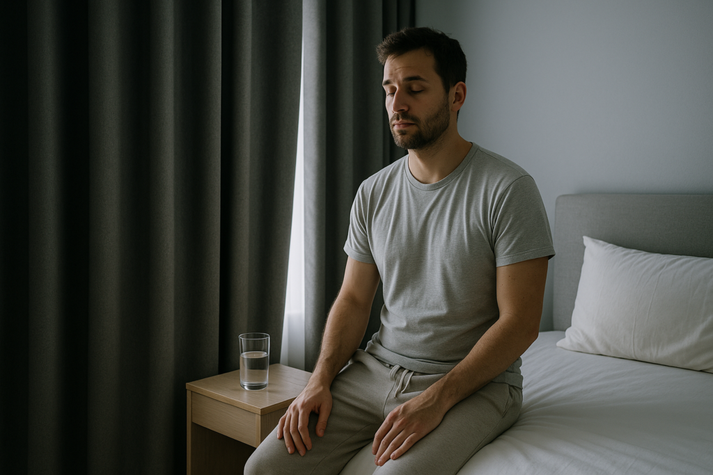 Photorealistic early morning post-shift apartment scene with a tired night-shift worker winding down beside blackout curtains and soft daylight for an article about sleep schedule for night shift workers