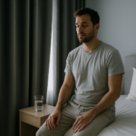 Photorealistic early morning post-shift apartment scene with a tired night-shift worker winding down beside blackout curtains and soft daylight for an article about sleep schedule for night shift workers