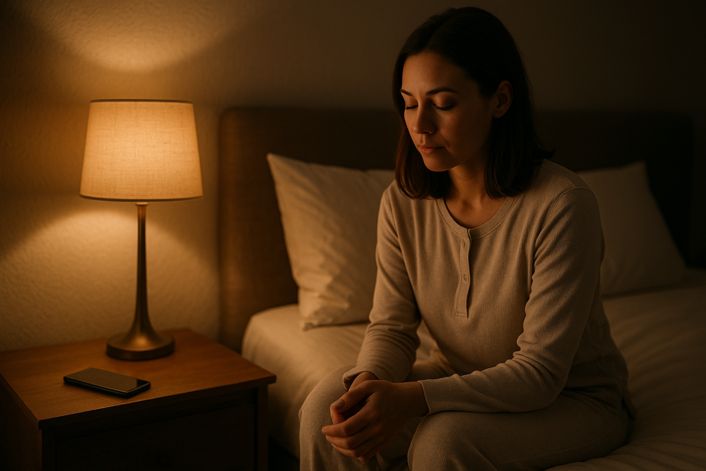 Photorealistic calm bedroom scene at night with a phone placed face down on a bedside table, warm lamp light, and a relaxed adult winding down before sleep