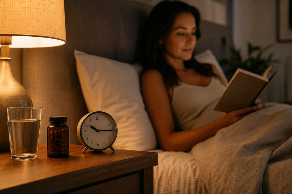 Photorealistic calm bedroom scene at night with a warm bedside lamp, unbranded amber supplement bottle, glass of water, analog clock, and an adult reading quietly before sleep