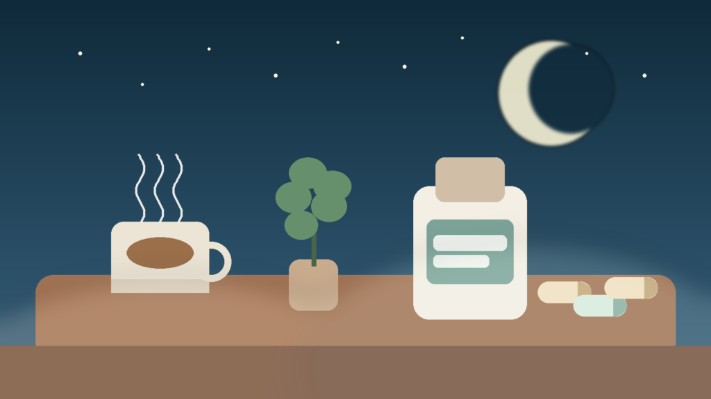 Calm bedside scene with tea, a supplement bottle, and moonlight for a nighttime routine for better sleep quality