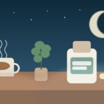 Calm bedside scene with tea, a supplement bottle, and moonlight for a nighttime routine for better sleep quality