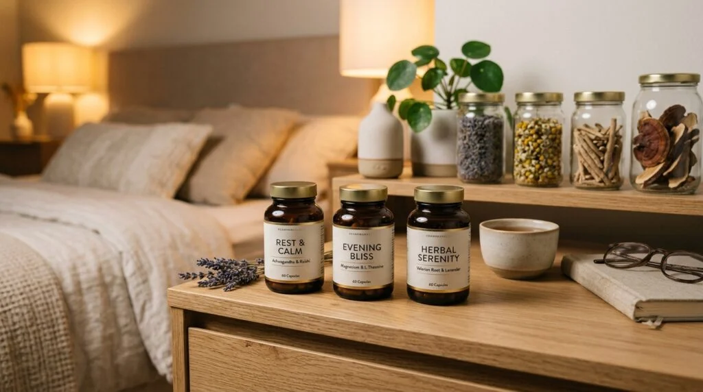 Clean amber glass supplement bottles on bedroom nightstand illustrating magnesium sleep forms