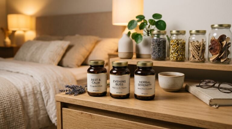 Clean amber glass supplement bottles on bedroom nightstand illustrating magnesium sleep forms