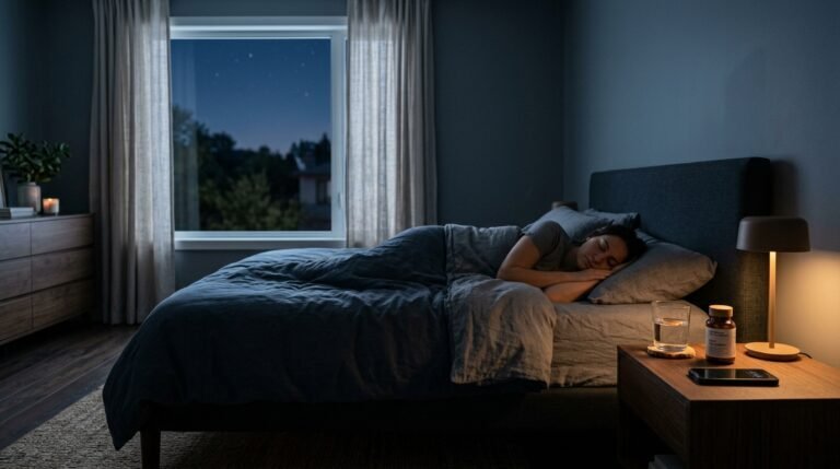 Peaceful nighttime bedroom illustrating restorative sleep and cortisol balance