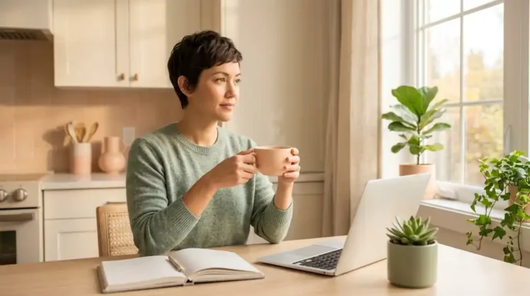 Calm woman at a sunny kitchen desk holding a cup of tea beside her laptop and an open notebook