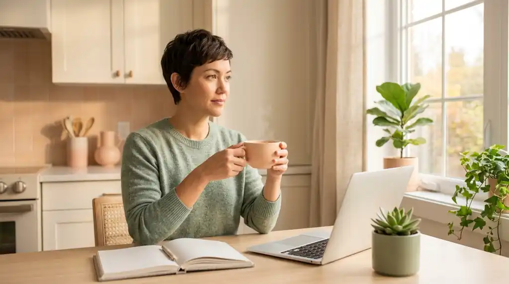 Calm woman at a sunny kitchen desk holding a cup of tea beside her laptop and an open notebook