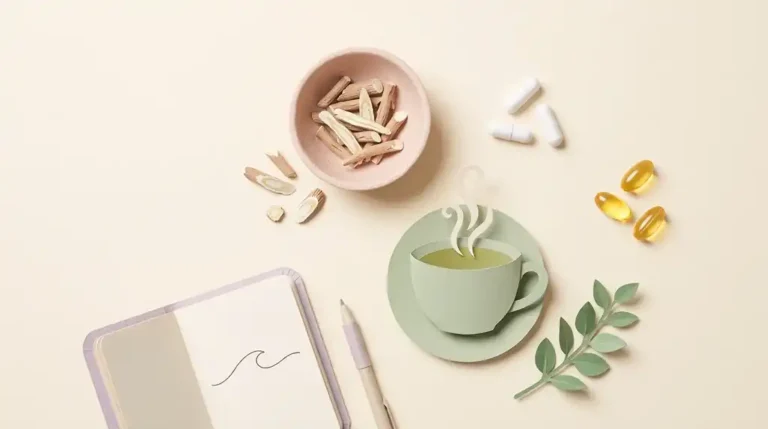 Pastel paper-craft flat-lay of ashwagandha root, capsules, omega-3 softgels and a cup of green tea for stress relief