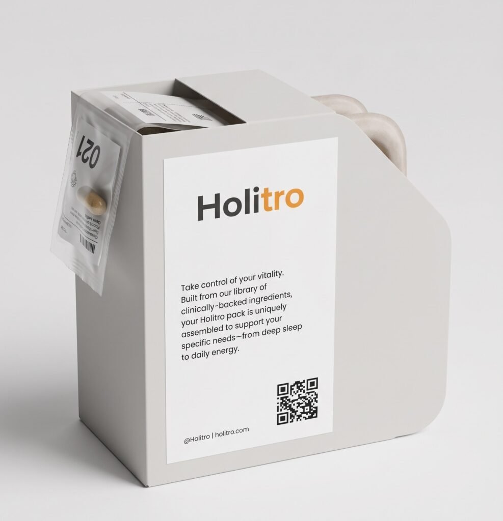Holitro pack dispensing a personalized daily tear-away pouch with the day’s supplements