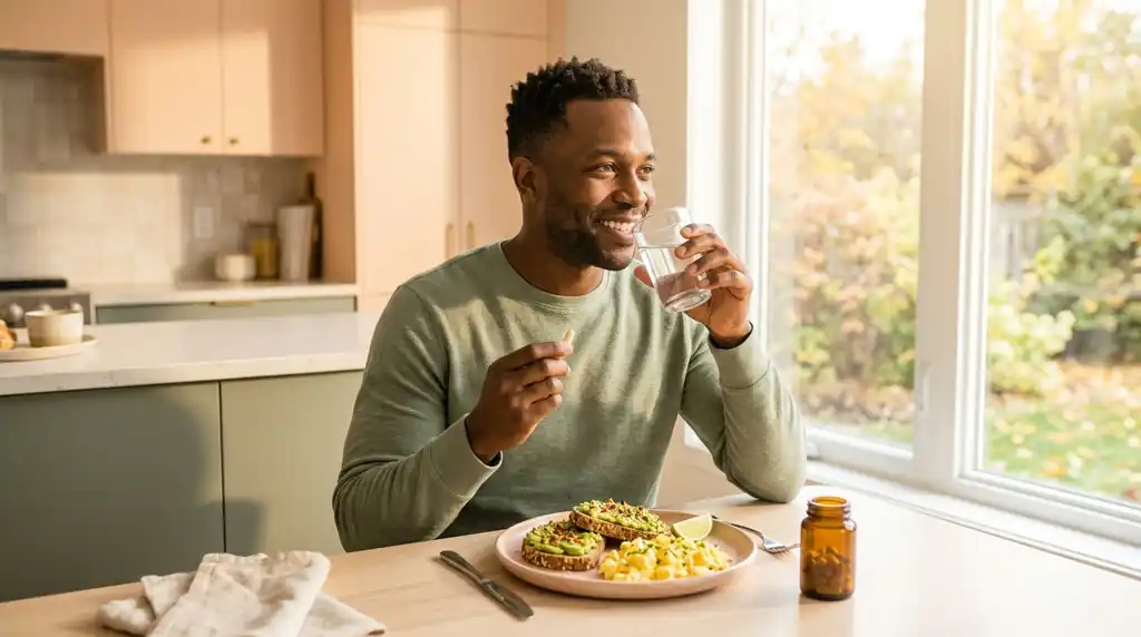 Smiling man at a sunlit kitchen table taking a supplement capsule with water beside a healthy breakfast