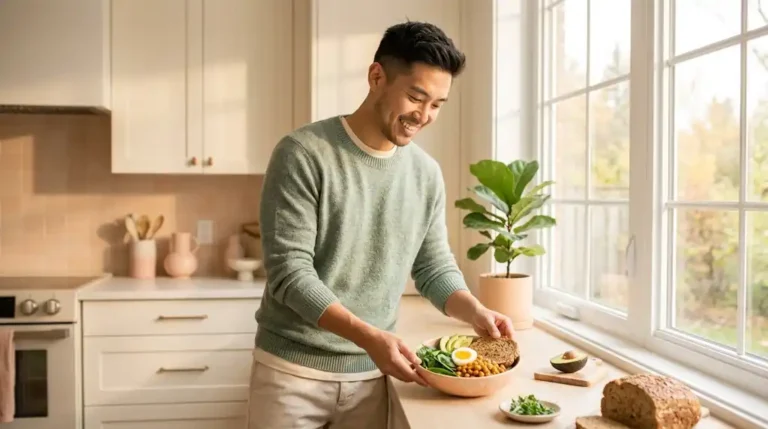 Smiling man preparing a colorful breakfast bowl with spinach, egg, chickpeas and avocado in a sunlit kitchen