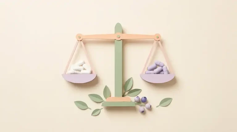 Pastel paper-craft balance scale weighing white capsules against lavender capsules, illustrating NAC vs glutathione