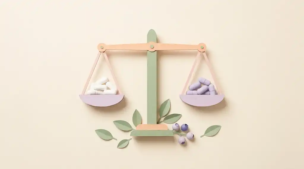Pastel paper-craft balance scale weighing white capsules against lavender capsules, illustrating NAC vs glutathione