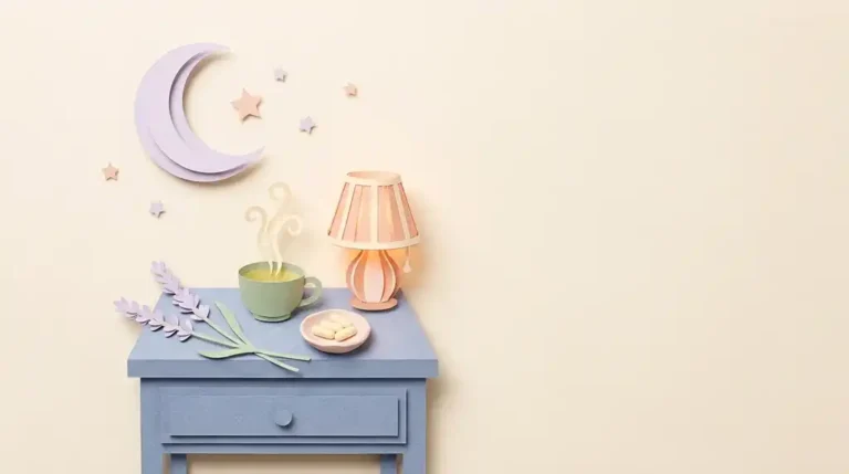 Pastel paper-craft bedtime scene with a crescent moon, stars, a cup of chamomile tea, lavender, a dish of capsules and a warm lamp on a bedside table
