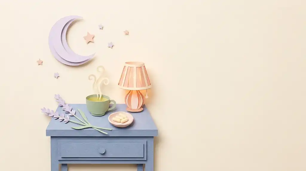 Pastel paper-craft bedtime scene with a crescent moon, stars, a cup of chamomile tea, lavender, a dish of capsules and a warm lamp on a bedside table