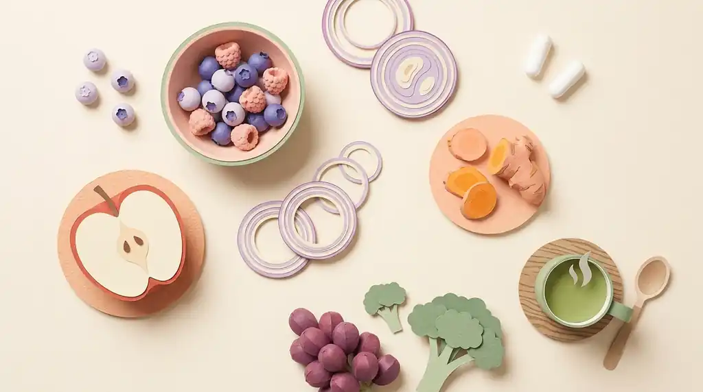 Pastel paper-craft flat-lay of antioxidant-rich foods: berries, apple, red onion, turmeric root, grapes, broccoli and green tea with two capsules