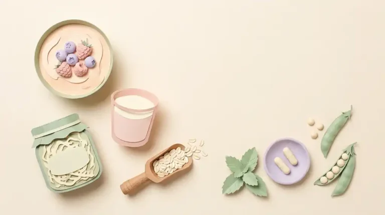 Pastel paper-craft flat-lay of gut-friendly foods: yogurt with berries, kefir, a jar of sauerkraut, oats, mint, pea pods and a dish of capsules