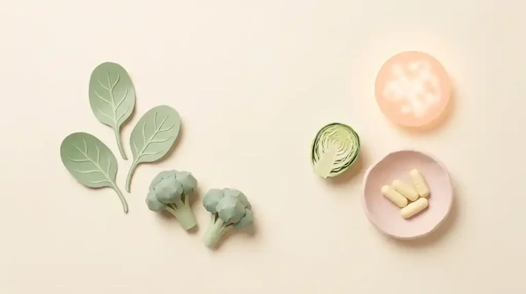 Pastel paper-craft flat-lay of spinach leaves, broccoli, a Brussels sprout and a dish of alpha-lipoic acid capsules beside a glowing peach circle