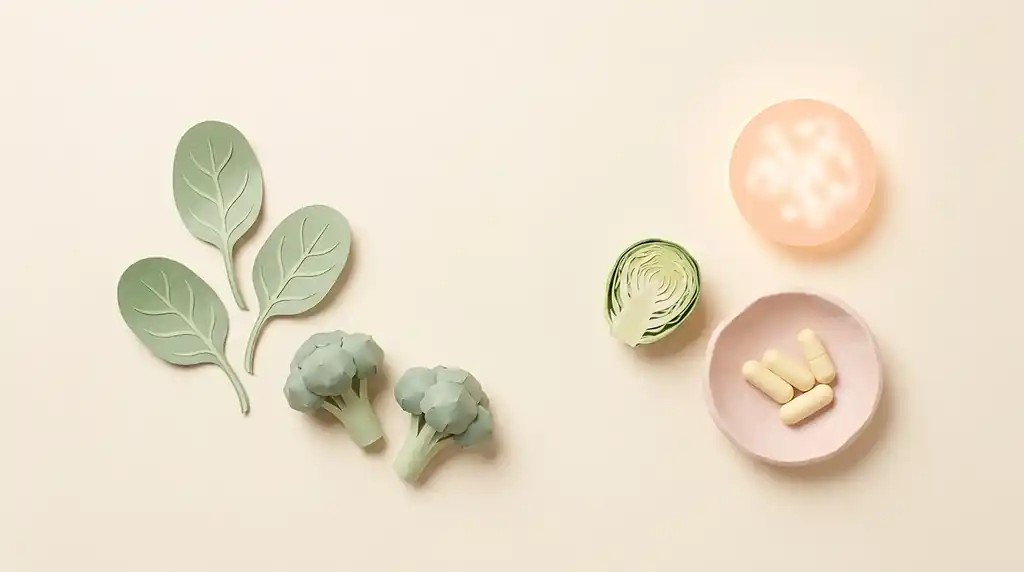 Pastel paper-craft flat-lay of spinach leaves, broccoli, a Brussels sprout and a dish of alpha-lipoic acid capsules beside a glowing peach circle