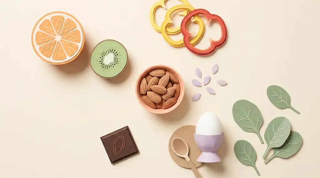 Pastel paper-craft flat-lay of vitamin-rich foods for stress: orange, kiwi, bell peppers, almonds, pumpkin seeds, spinach, an egg and dark chocolate