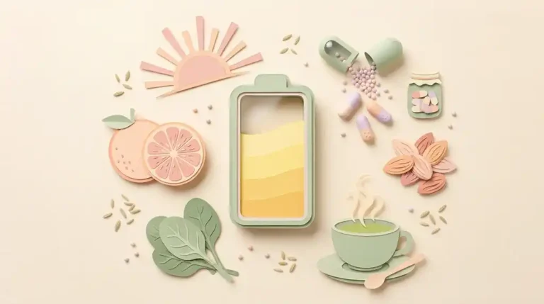 Pastel paper-craft illustration of a battery filling with energy, surrounded by a rising sun, vitamin capsules, a halved orange, almonds, spinach leaves and green tea