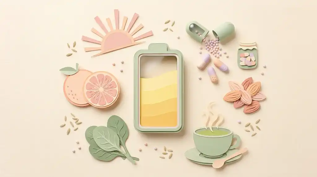 Pastel paper-craft illustration of a battery filling with energy, surrounded by a rising sun, vitamin capsules, a halved orange, almonds, spinach leaves and green tea