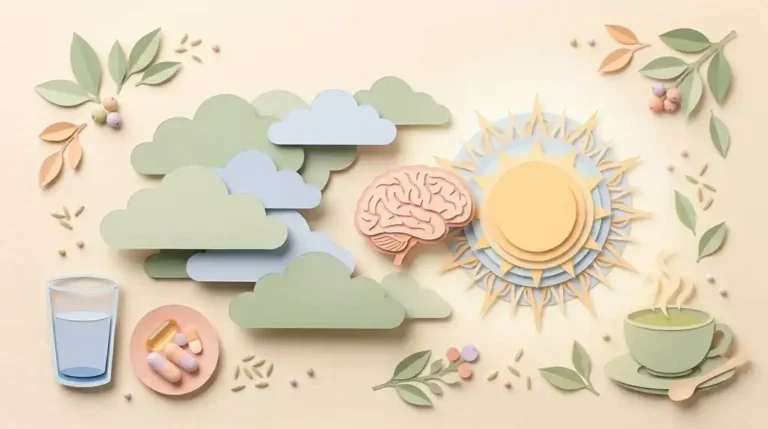 Pastel paper-craft illustration of soft clouds clearing to a bright sun, with a small brain emerging into the light beside a glass of water, capsules and green tea