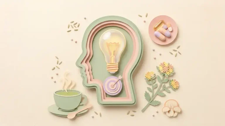 Pastel paper-craft illustration of a head silhouette with a glowing lightbulb and target, surrounded by matcha tea, capsules, yellow rhodiola flowers and a lion's mane mushroom