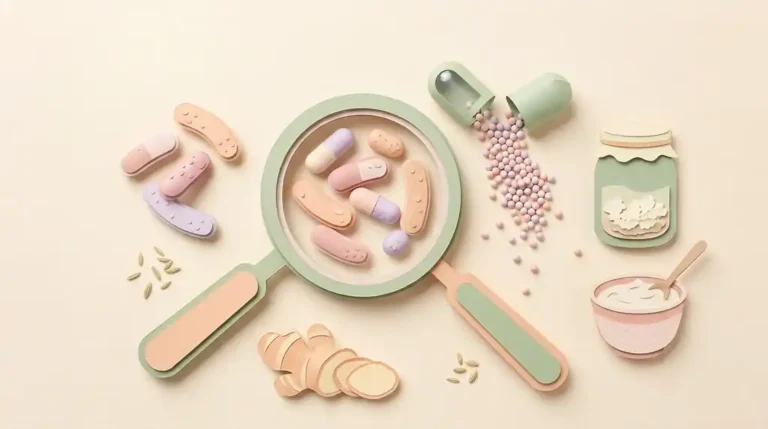 Pastel paper-craft illustration of a magnifying glass examining friendly probiotic bacteria shapes beside an open capsule, kefir and yogurt