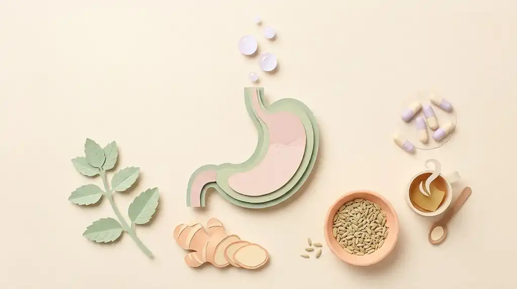 Pastel paper-craft illustration of a stomach with rising bubbles, surrounded by peppermint leaves, ginger slices, fennel seeds, herbal tea and capsules