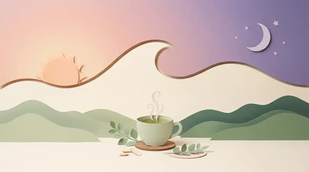 Pastel paper-craft sun and moon joined by a wave, illustrating the daily cortisol rhythm, above green hills and a cup of chamomile tea