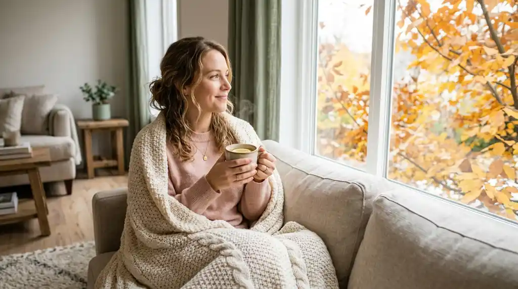 Woman wrapped in a cream knit blanket by a window, holding a mug of lemon tea on an autumn morning