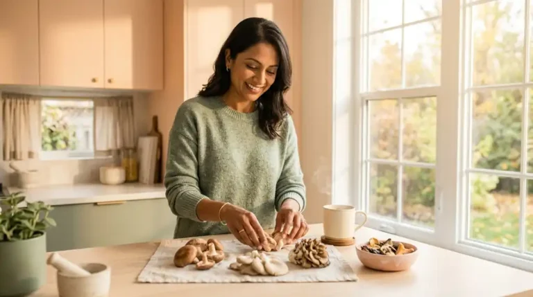Smiling woman arranging fresh shiitake, oyster and maitake mushrooms on a linen cloth in a bright kitchen
