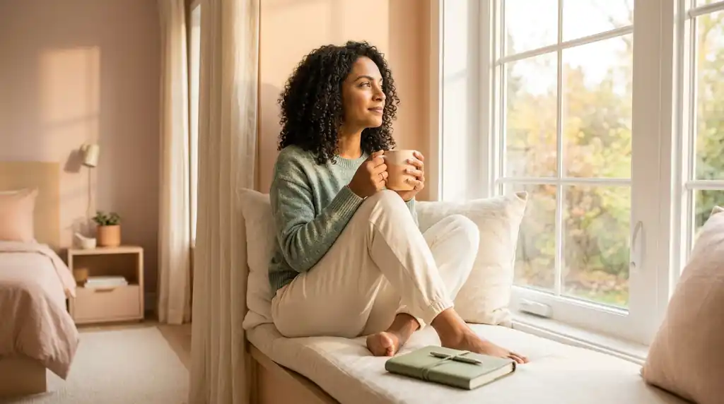 Woman sitting on a sunny window seat with a warm mug and journal, looking out hopefully on a calm morning