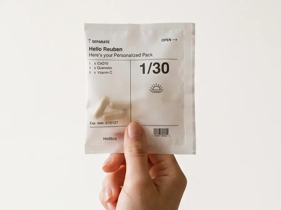 Holitro daily pouch labelled with the customer's name, ingredients and day 1 of 30