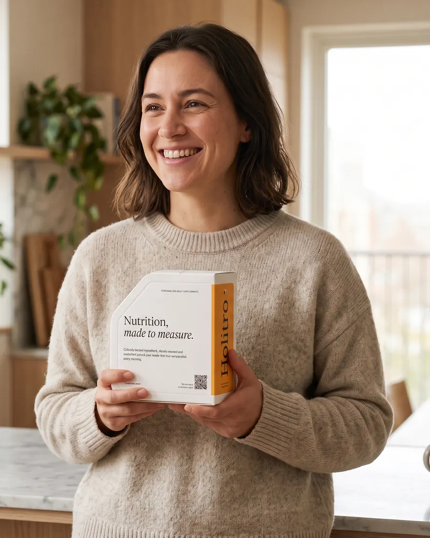 Smiling woman holding a Holitro personalized daily supplement box