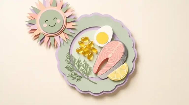 Pastel paper-craft illustration of a smiling sun beside a plate of golden omega-3 softgels, a salmon fillet, a halved egg, dill and a lemon wedge