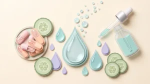 Pastel paper-craft flat-lay of water droplets, a serum dropper bottle, pastel capsules and cucumber slices on a cream background