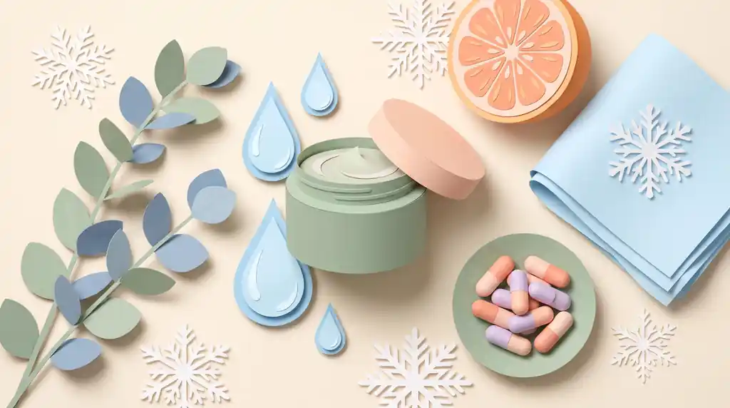 Pastel paper-craft winter skincare flat-lay with an open jar of moisturizing cream, water droplets, a dish of capsules, a halved orange, snowflakes, a towel and eucalyptus