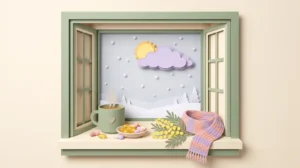 Pastel paper-craft illustration of a winter window with snowflakes and a sun peeking from behind a cloud, with a mug of tea, golden softgels, yellow flowers and a knitted scarf on the sill