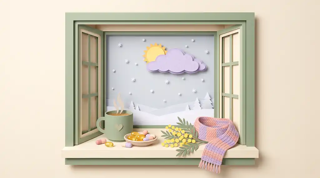 Pastel paper-craft illustration of a winter window with snowflakes and a sun peeking from behind a cloud, with a mug of tea, golden softgels, yellow flowers and a knitted scarf on the sill